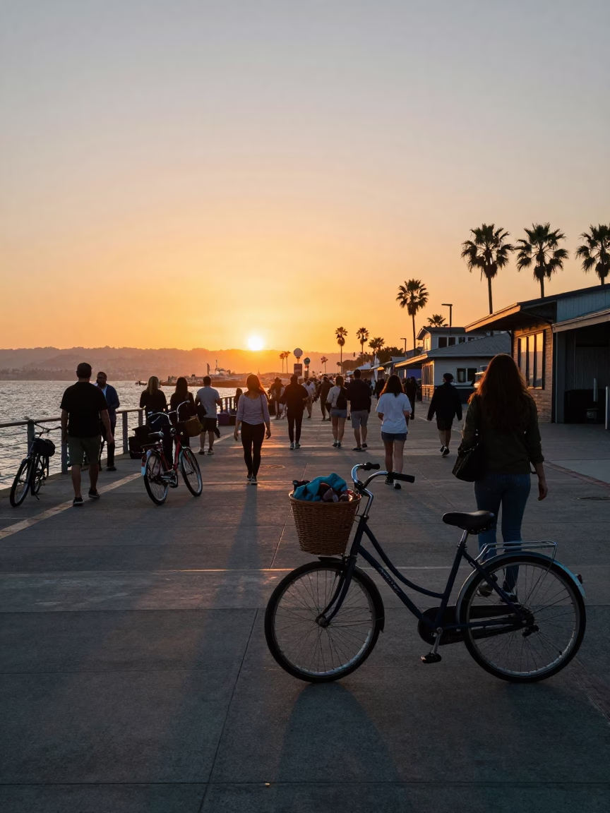 Busy San Diego Harbor Sunset Scene with Bicycle Basket and Mail Boat Arrival in in San Diego, California, United States