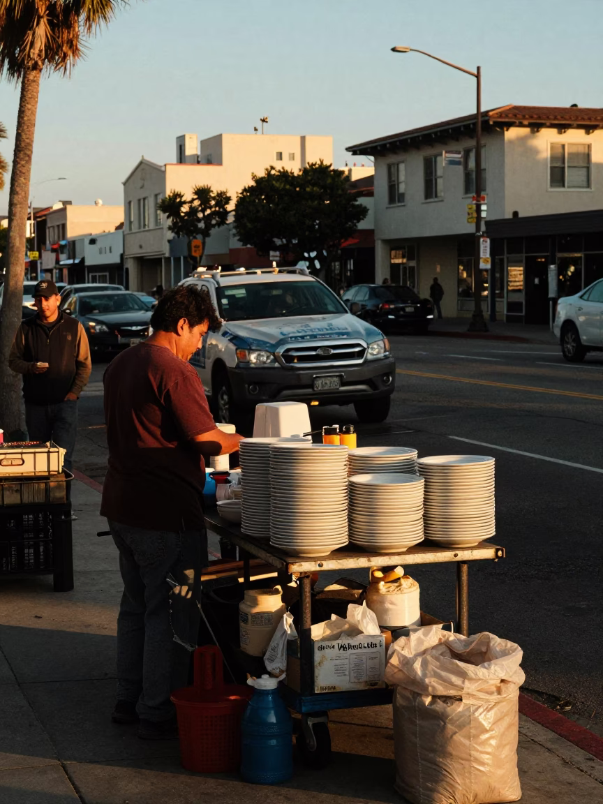 Busy San Diego Late Afternoon Street Scene with Stacked Plates and Lived-In Details in in San Diego, California, United States