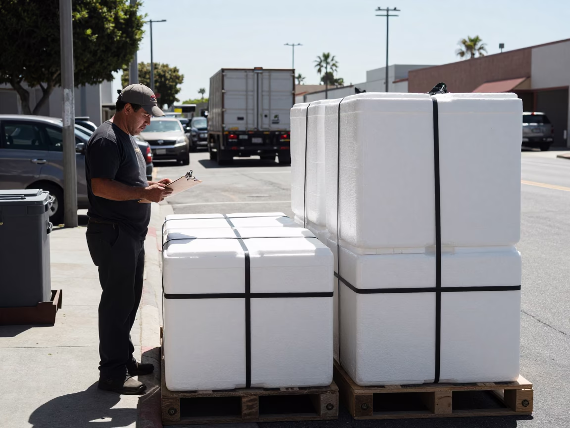 Busy San Diego Midday Logistics Scene with Insulated Crates and Clipboard at Dock in in San Diego, California, United States