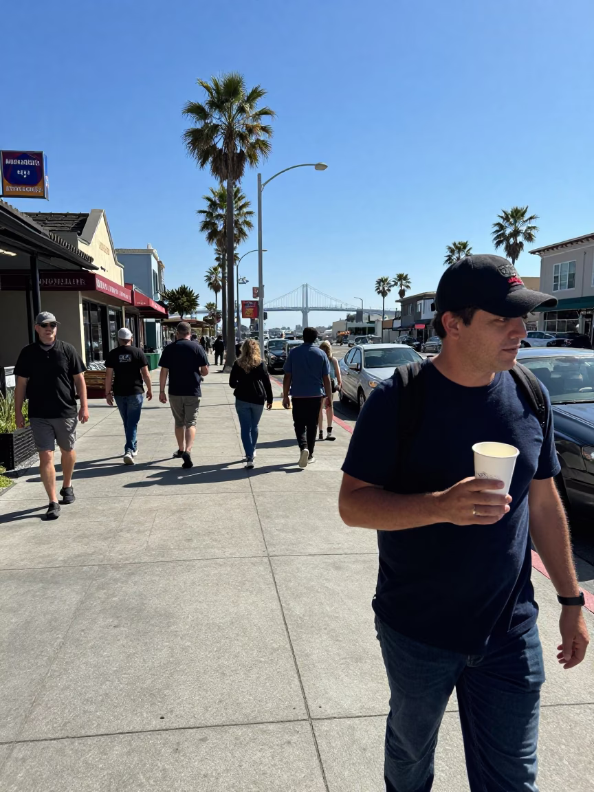 Busy San Diego Midday Street Scene with Cup and Bridge Maintenance Cage in in San Diego, California, United States