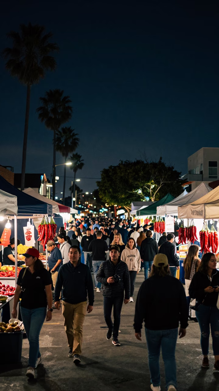 Busy San Diego Night Street Scene with Chili Peppers and Local Atmosphere in in San Diego, California, United States
