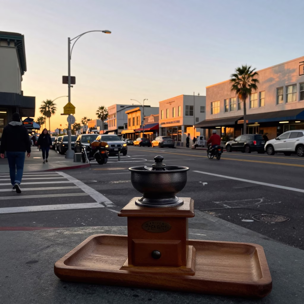 Busy San Diego Street Corner at Dawn with Coffee Grinder and Handkerchief in in San Diego, California, United States