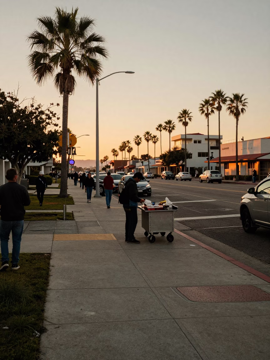 Busy San Diego Street Corner in Honeyed Evening Light with Local Life in in San Diego, California, United States
