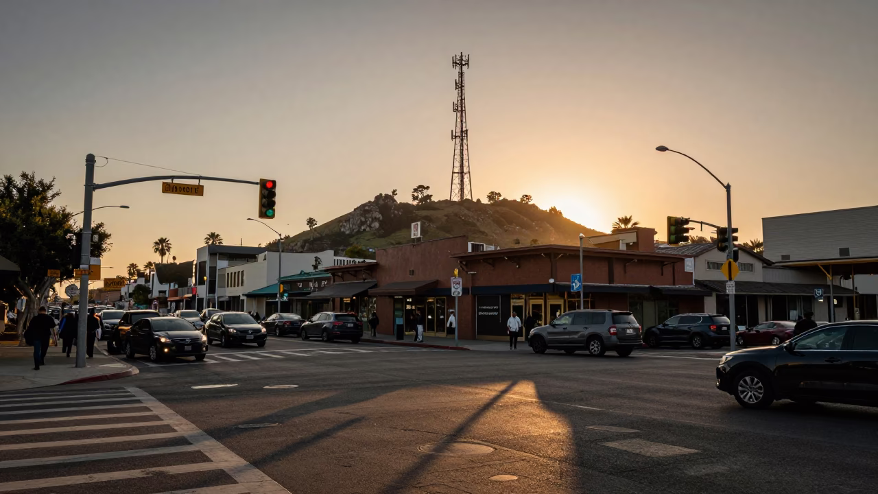 Busy San Diego Street Corner in Honeyed Evening Light with Telecommunication Mast in in San Diego, California, United States