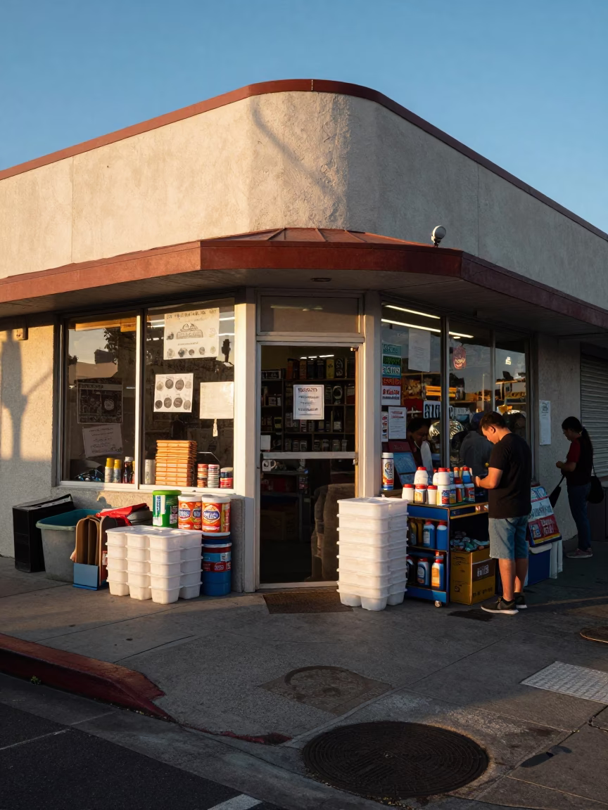Busy San Diego Street Corner Late Afternoon Light with Canister Set and Rake Head in in San Diego, California, United States