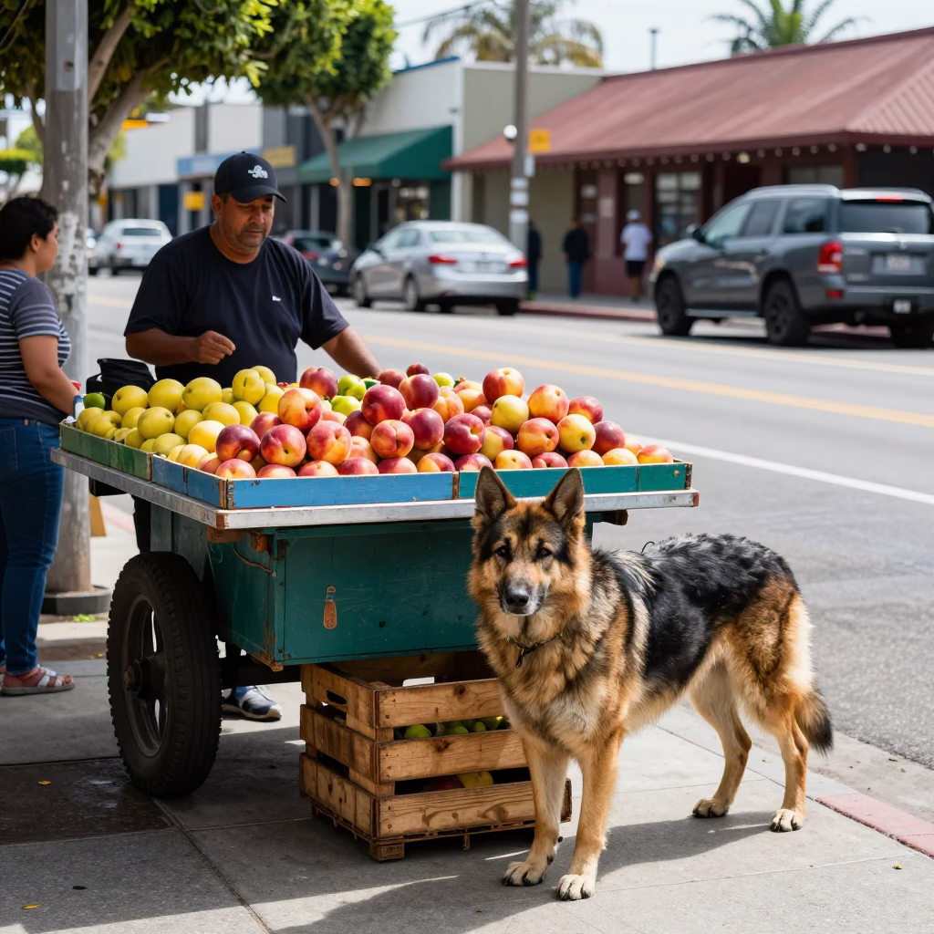 Busy San Diego Street Corner with Nectarines and Central Asian Shepherd Dog at Midday in in San Diego, California, United States