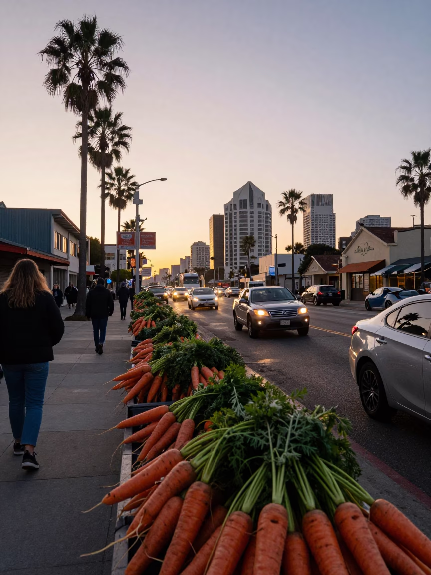 Busy San Diego Street Scene at Dawn with Carrots and Tulips in in San Diego, California, United States