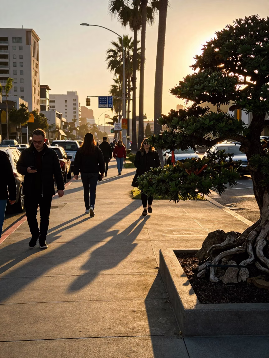 Busy San Diego Street Scene at Golden Hour with Bonsai Juniper and Stone Slab in in San Diego, California, United States