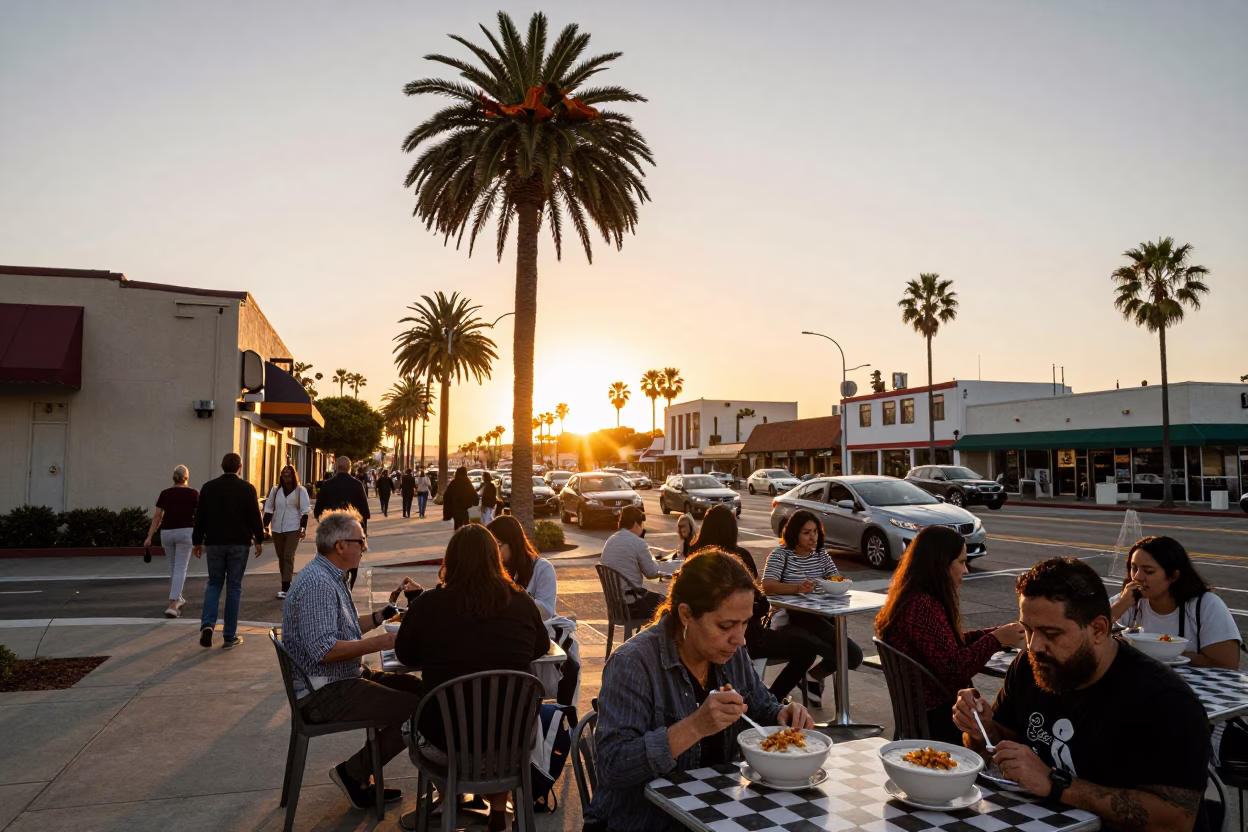 Busy San Diego Street Scene at Sunset with Date Palms and Local Activity in in San Diego, California, United States