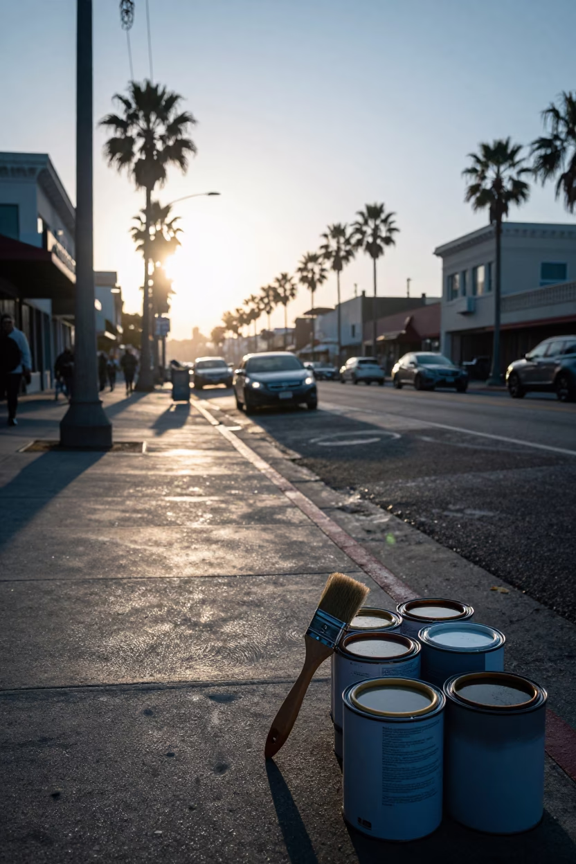 Busy San Diego Street Scene Before Sunrise with Condensation on Cup Rim and Paintbrush in in San Diego, California, United States