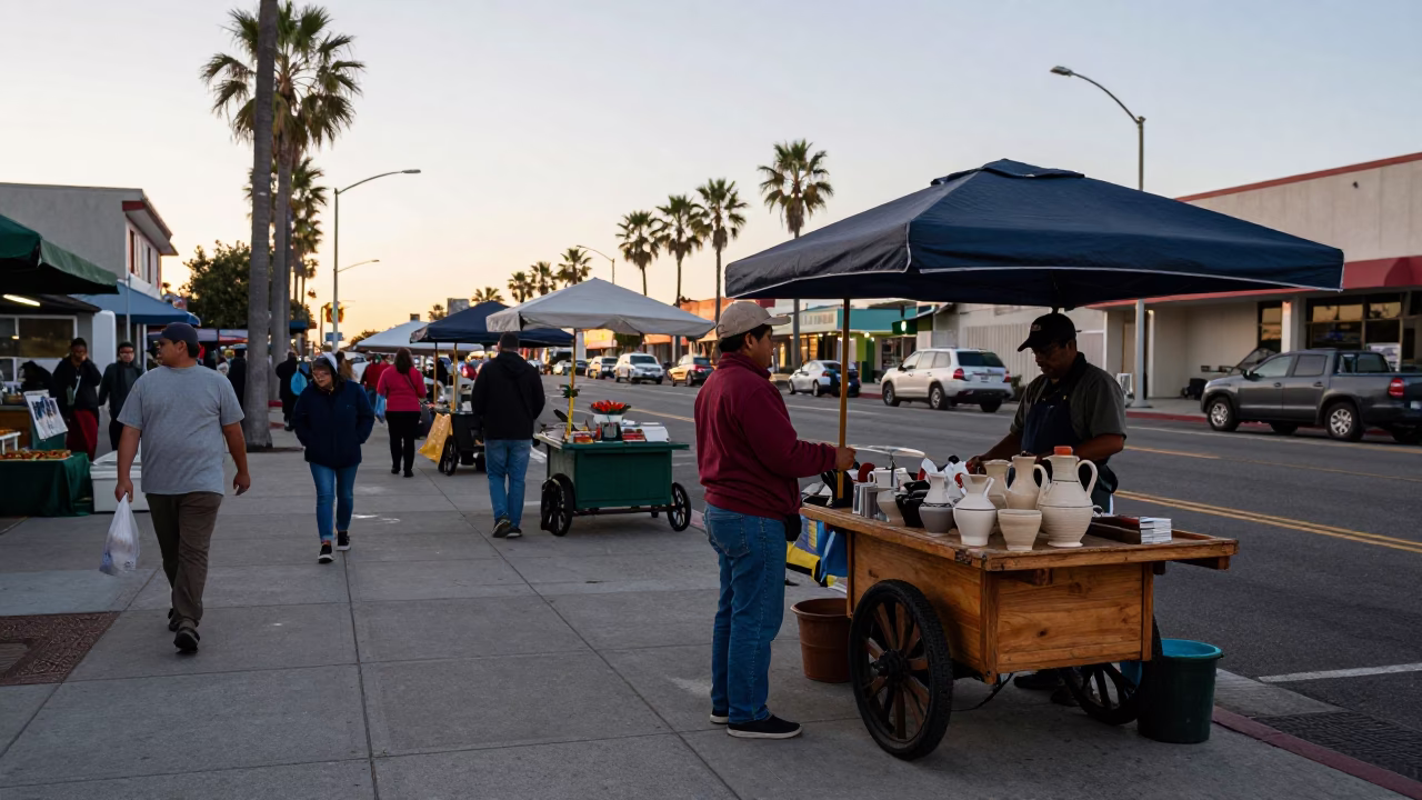 Busy San Diego Street Scene Early Evening with Local Market Goods and Pedestrians in in San Diego, California, United States