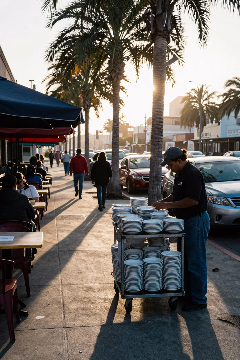 Busy San Diego Street Scene in Early Morning Light with Rusty Cup and Saucers in in San Diego, California, United States