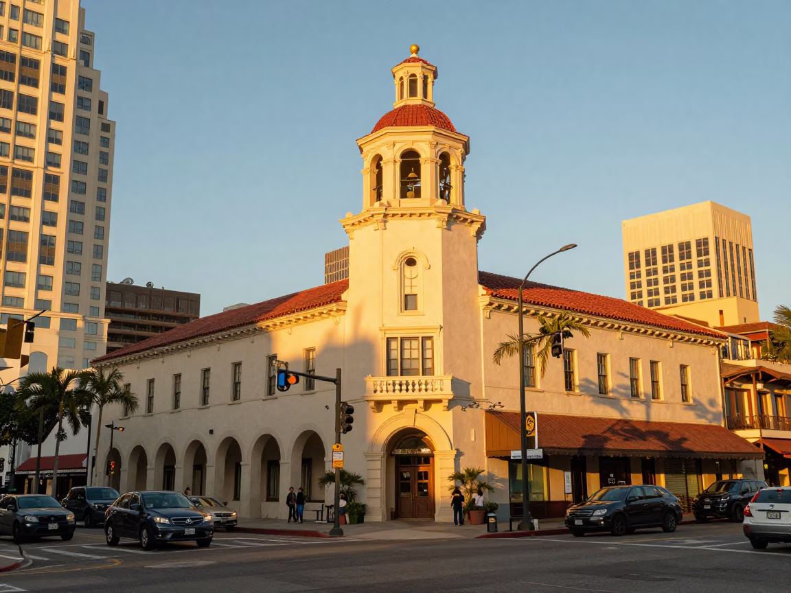 Busy San Diego Street Scene in Honeyed Evening Light with Local Details in in San Diego, California, United States
