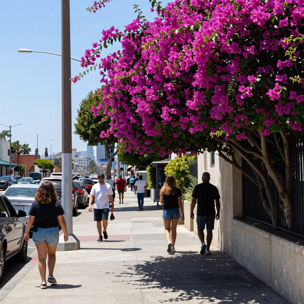 Busy San Diego Street Scene Under Flat Noon Glare with Bougainvillea and Brutalist Architecture in in San Diego, California, United States