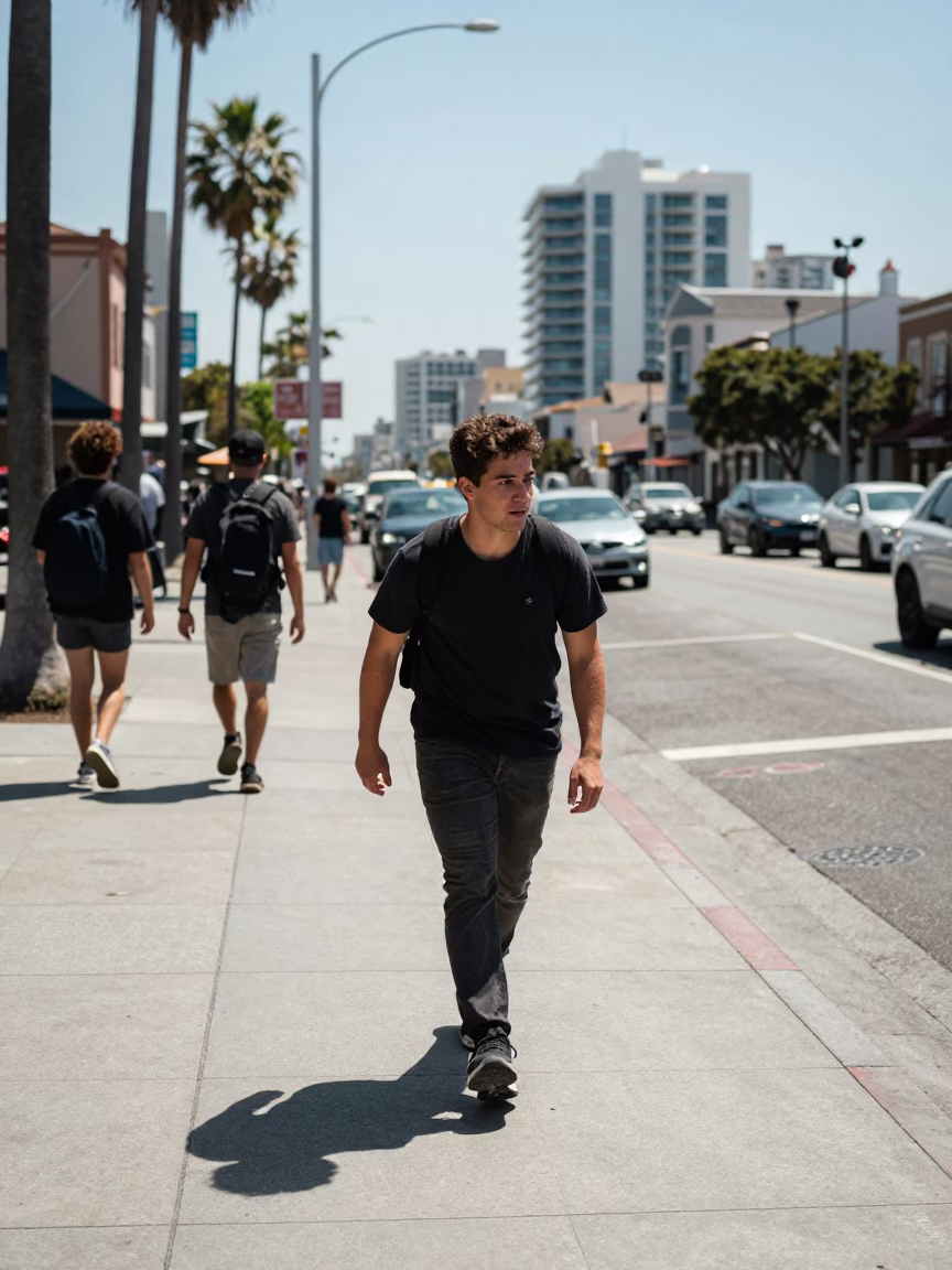 Busy San Diego Street Scene Under Flat Noon Glare With Leather Basketball and Camellia in in San Diego, California, United States