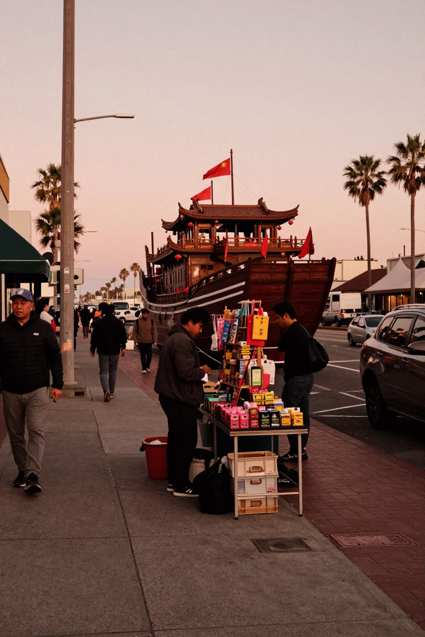 Busy San Diego Street Scene with Chinese Junk Model and Condensation in Copper Light in in San Diego, California, United States