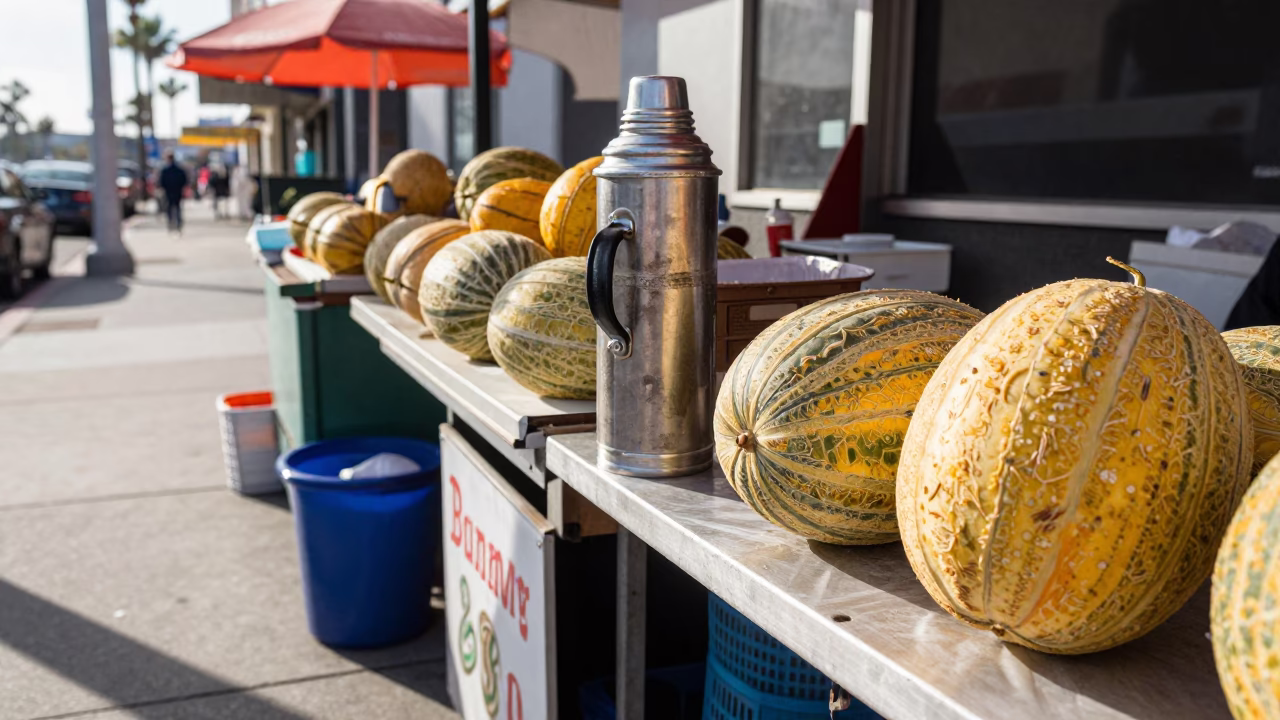 Busy San Diego Street Vendor Stall with Melons and Thermos in Late Morning Sun in in San Diego, California, United States