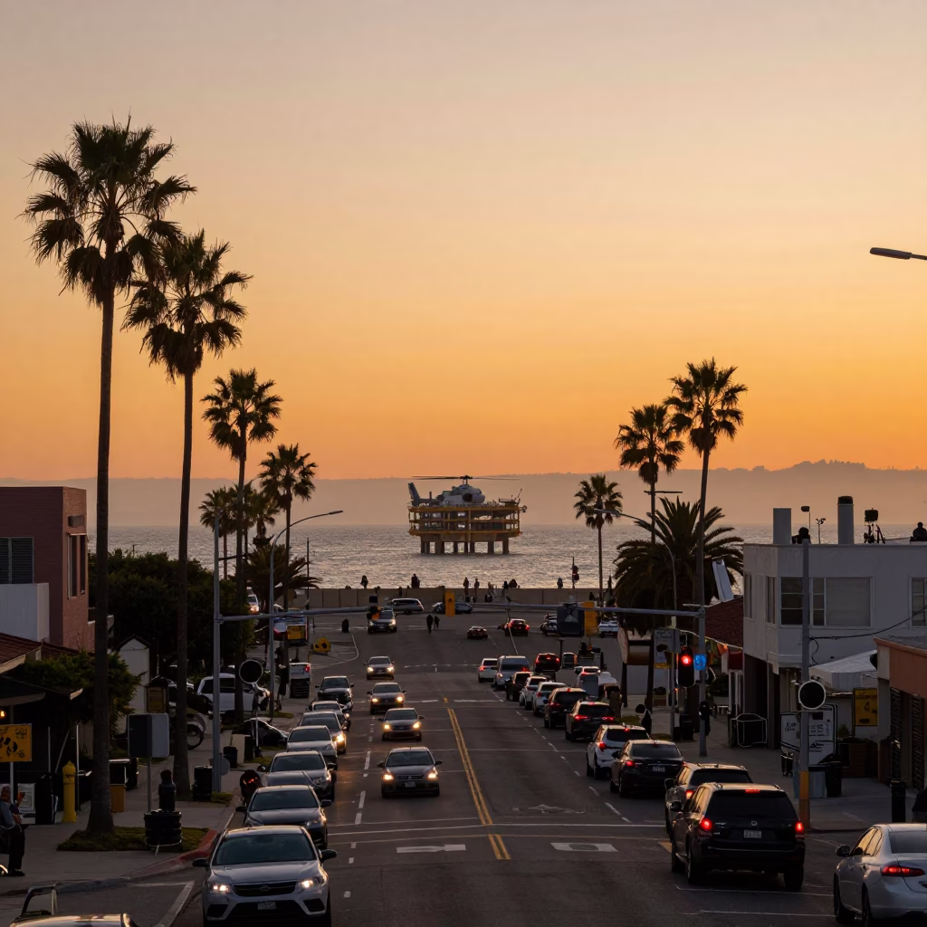 Busy San Diego Sunset Street Scene with Helicopter Approaching Offshore Platform at Dusk in in San Diego, California, United States