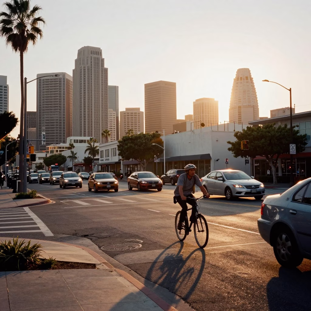 Busy San Diego Sunset Street Scene with Urban Details and Traffic in in San Diego, California, United States