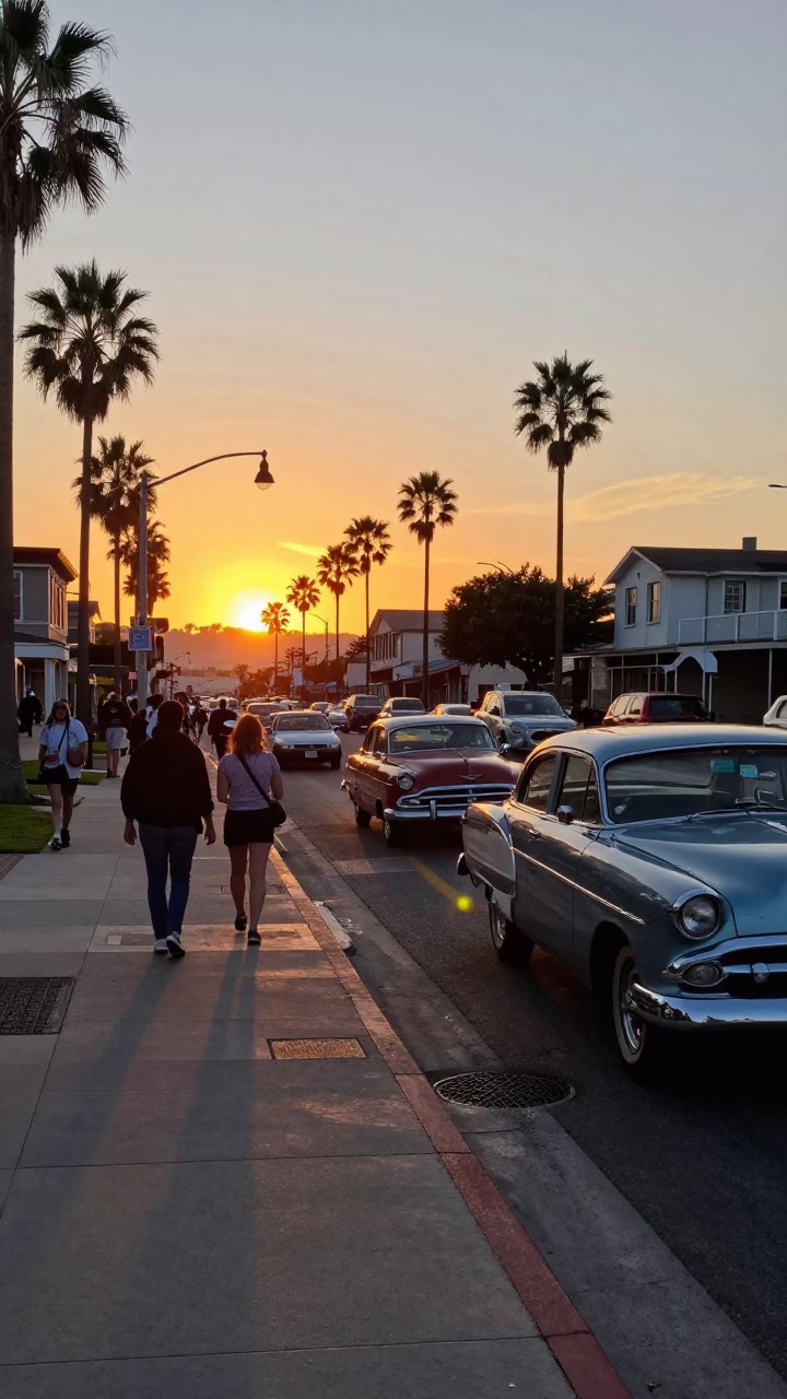 Busy San Diego Sunset Street Scene with Vintage Cars and Pedestrians Near Balboa Park in in San Diego, California, United States