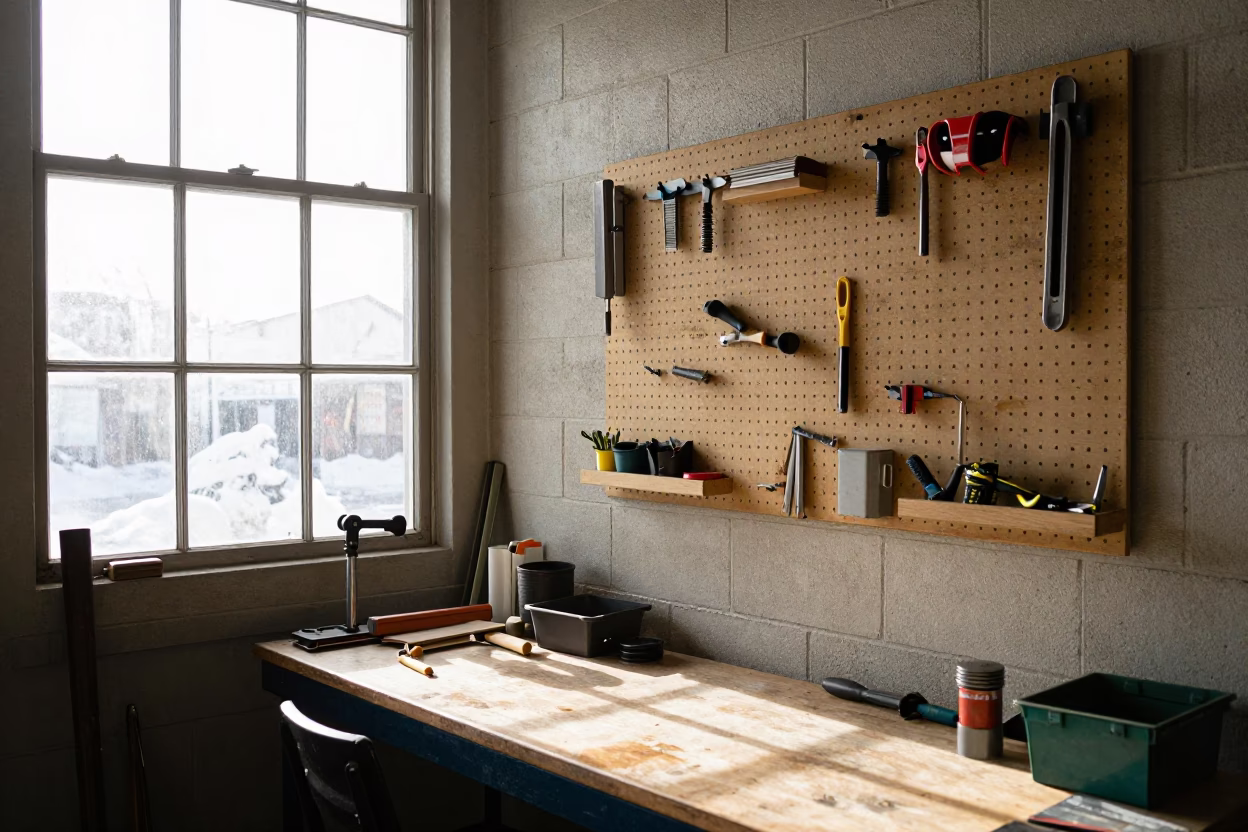 Busy San Diego Workshop Corner with Pegboard Tools in Winter in in San Diego, California, United States