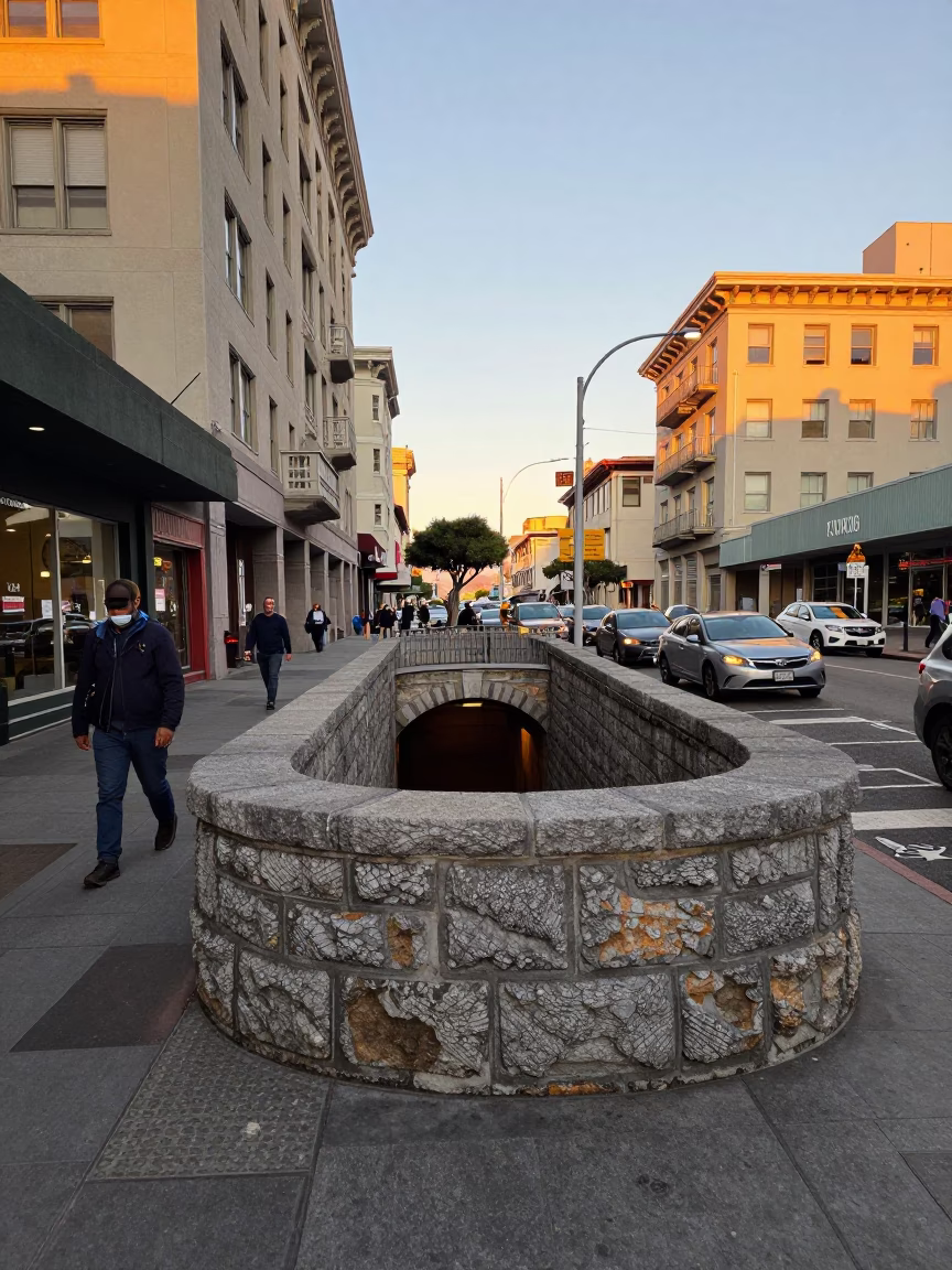 Busy San Francisco Evening Street Scene with Tunnel Portal Retaining Wall in Honeyed Light in in San Francisco, California, United States