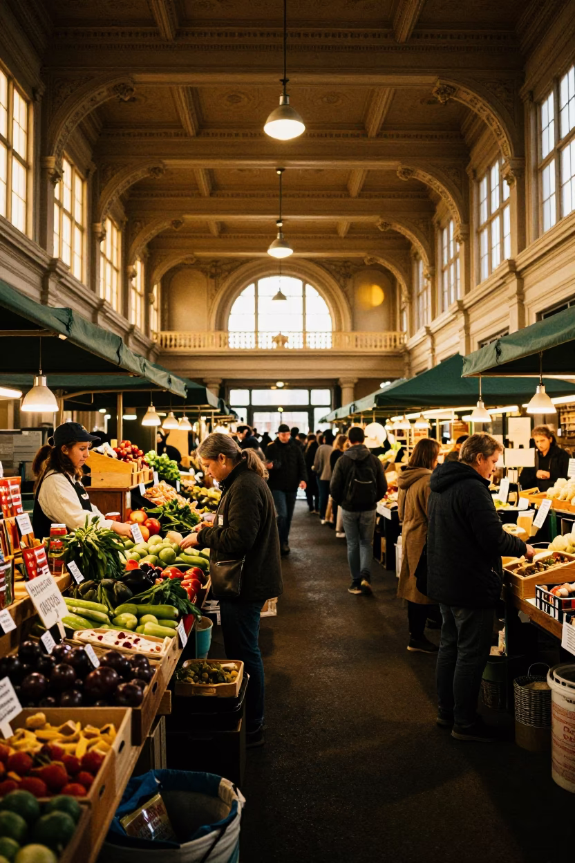 Busy San Francisco Ferry Building Market Stalls in Honeyed Evening Light with Local Shoppers in in San Francisco, California, United States