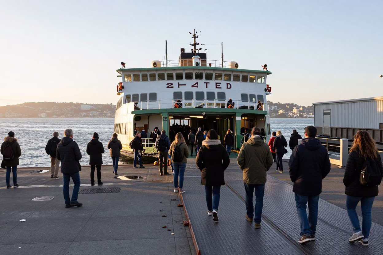 Busy San Francisco Ferry Dock at First Light Loading Passengers and Bicycles with Thermos in in San Francisco, California, United States