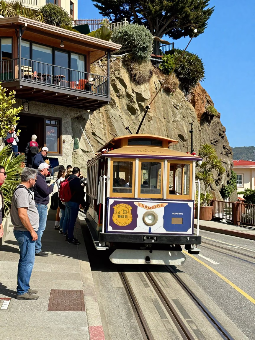 Busy San Francisco Funicular Approaching Cliffside Restaurant in Bright Midmorning Light in in San Francisco, California, United States