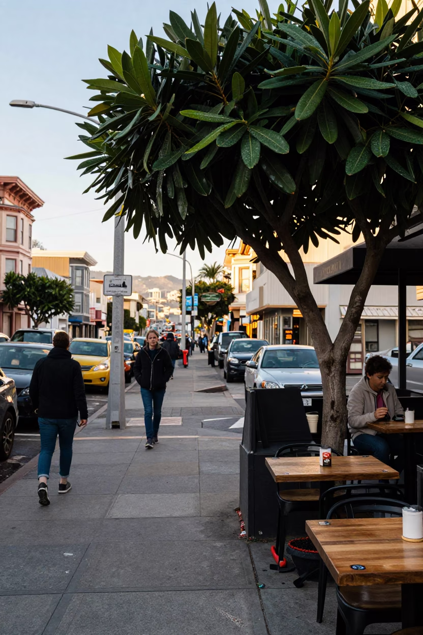 Busy San Francisco Late Afternoon Street Scene with Local Elements in in San Francisco, California, United States