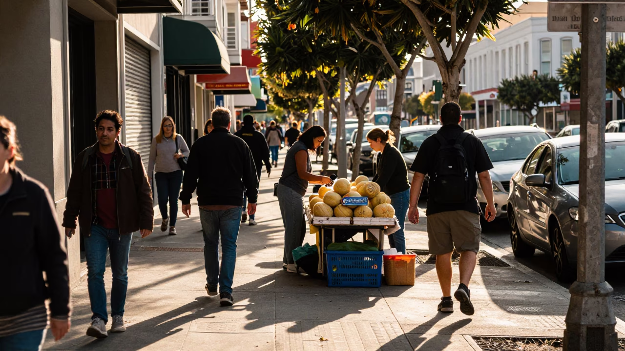 Busy San Francisco Late Afternoon Street Scene with Melons and Bicycle Rack in in San Francisco, California, United States