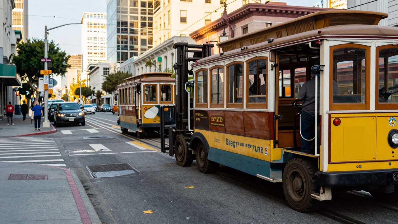 Busy San Francisco Late Morning Street Scene with Forklifts and Urban Life in in San Francisco, California, United States