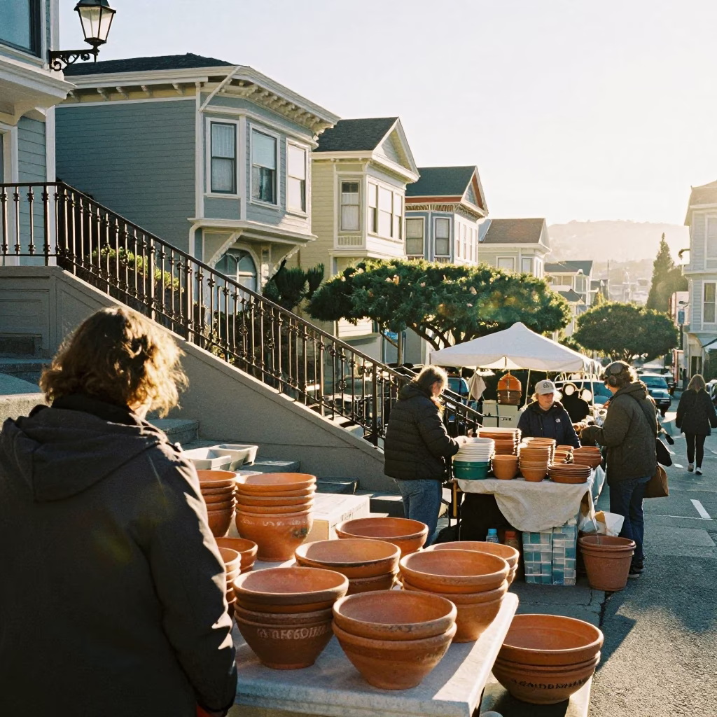Busy San Francisco Market Stall with Terracotta Bowls and Morning Light in in San Francisco, California, United States