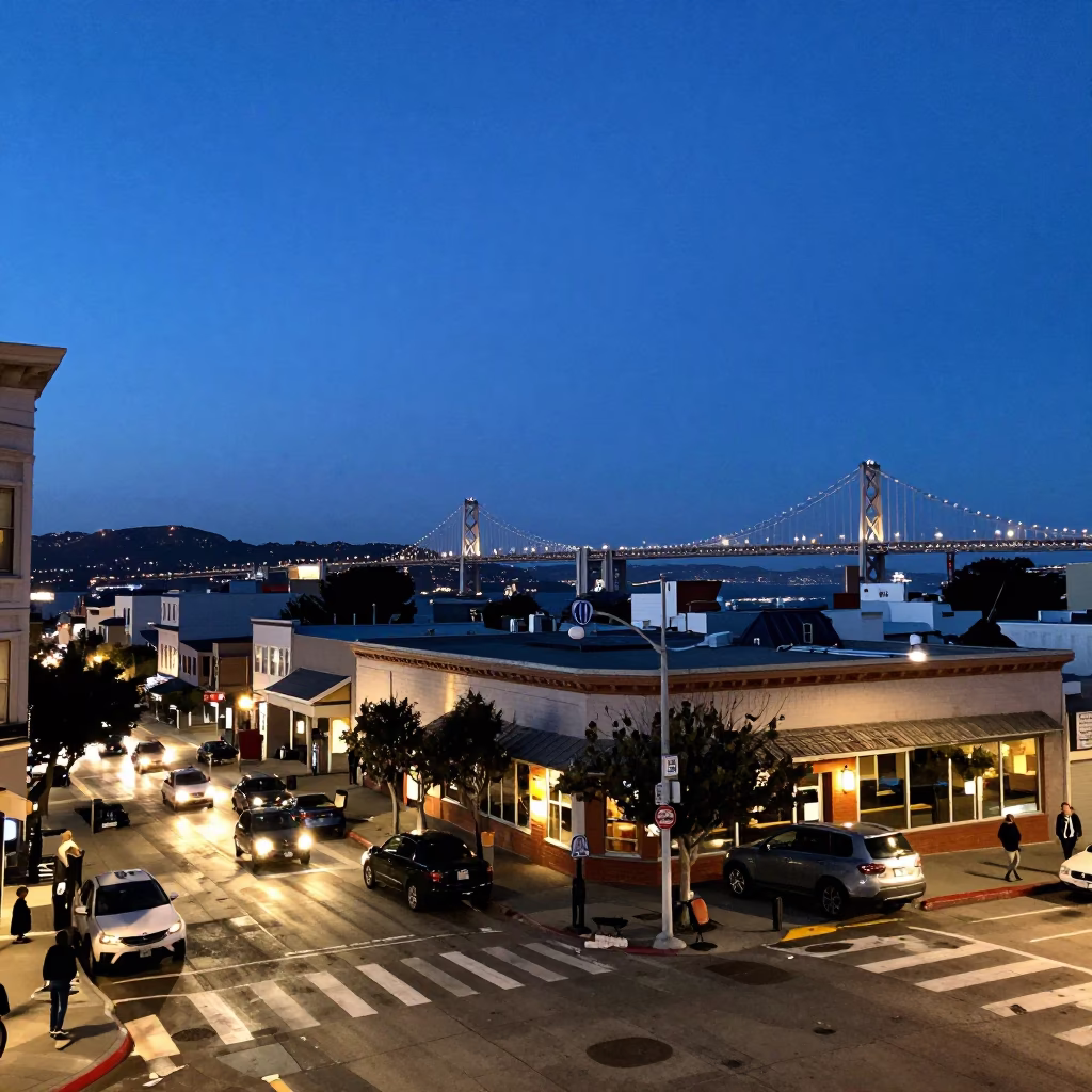 Busy San Francisco Street Corner at Indigo Twilight with Local Pedestrians and Urban Details in in San Francisco, California, United States