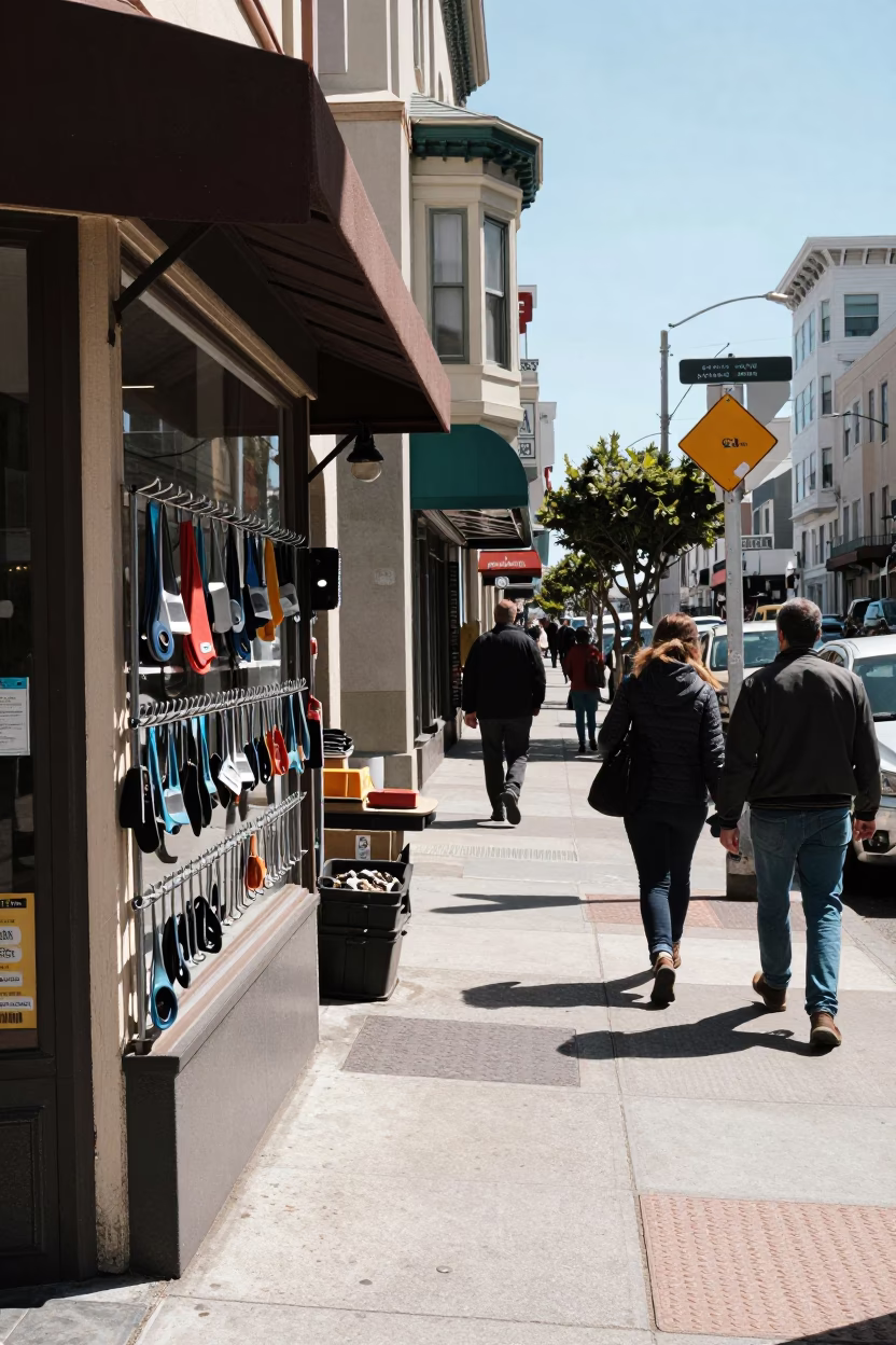 Busy San Francisco Street Corner in Bright Midmorning Light with Local Details in in San Francisco, California, United States