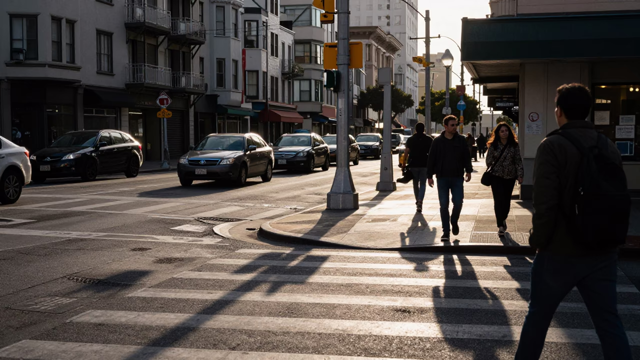 Busy San Francisco Street Corner Late Afternoon Traffic Shadows and Local Life in in San Francisco, California, United States