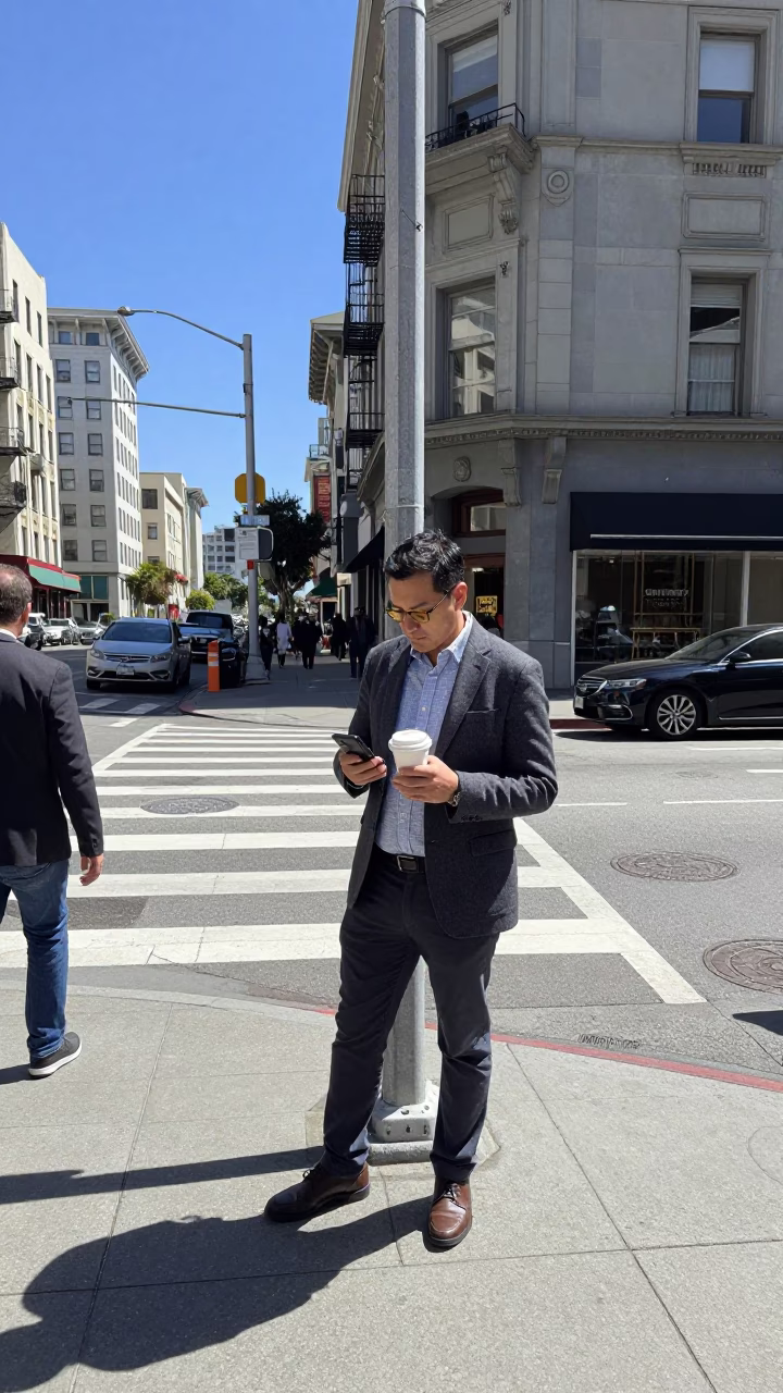 Busy San Francisco Street Corner Midday Scene with Coffee Cup and Urban Details in in San Francisco, California, United States