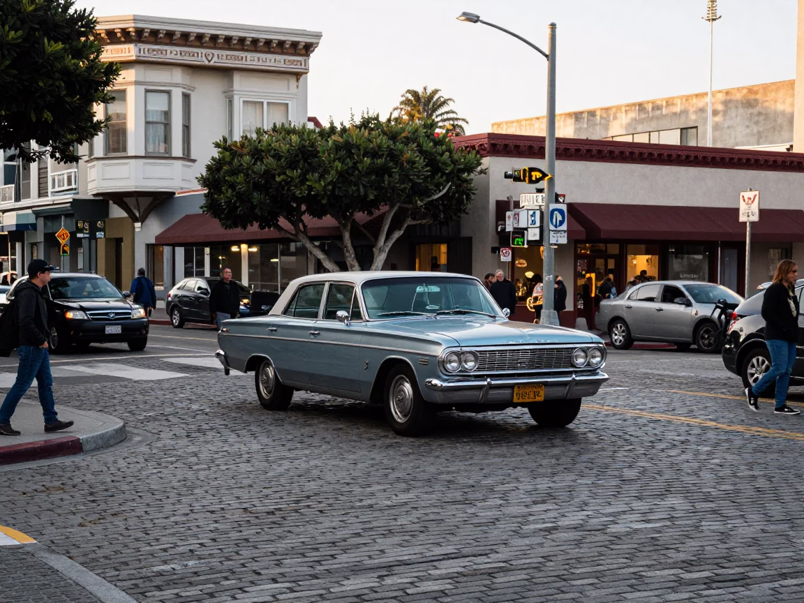 Busy San Francisco Street Corner with Vintage Car and Pedestrians in Early Afternoon in in San Francisco, California, United States