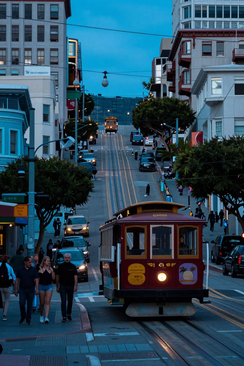 Busy San Francisco Street Scene at Dusk with Cable Car and Condensation in in San Francisco, California, United States