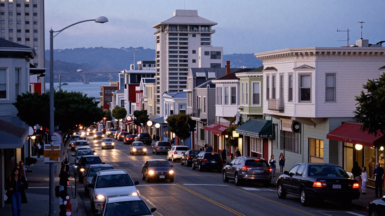 Busy San Francisco Street Scene at Nautical Dawn with Local Market Stalls and Commuters in in San Francisco, California, United States