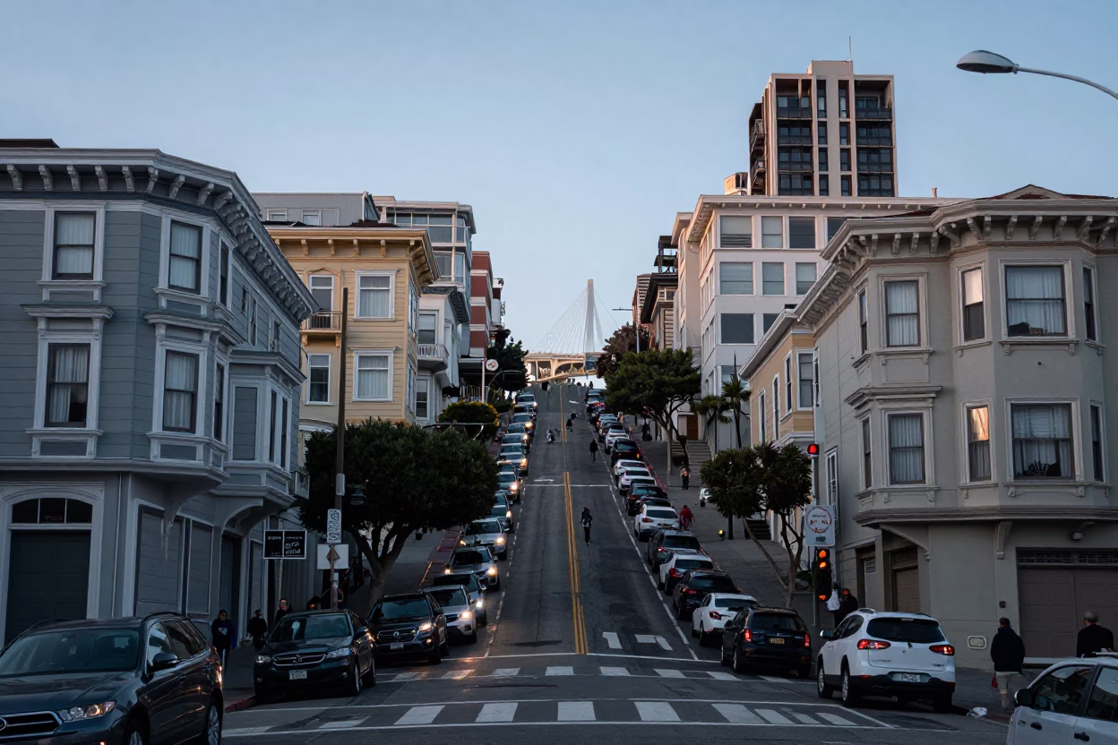 Busy San Francisco Street Scene at Nautical Dawn with Vintage 1960s Atmosphere in in San Francisco, California, United States