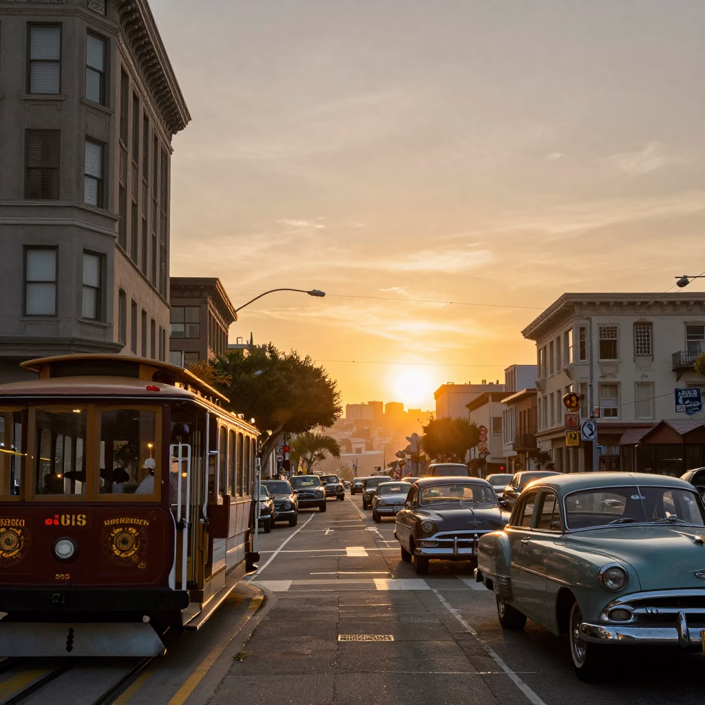 Busy San Francisco Street Scene at Sunset with Vintage Cars and City Lights in in San Francisco, California, United States