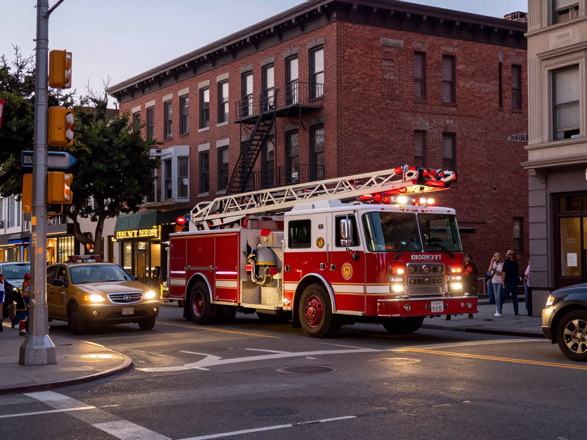 Busy San Francisco Street Scene Early Evening with Fire Engine and Urban Details in in San Francisco, California, United States