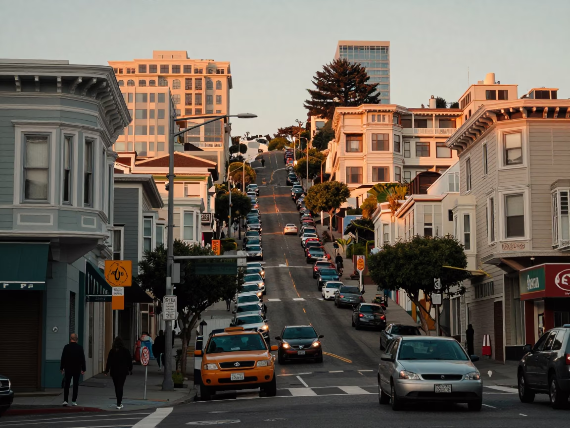 Busy San Francisco Street Scene Early Evening with Vintage Details in in San Francisco, California, United States