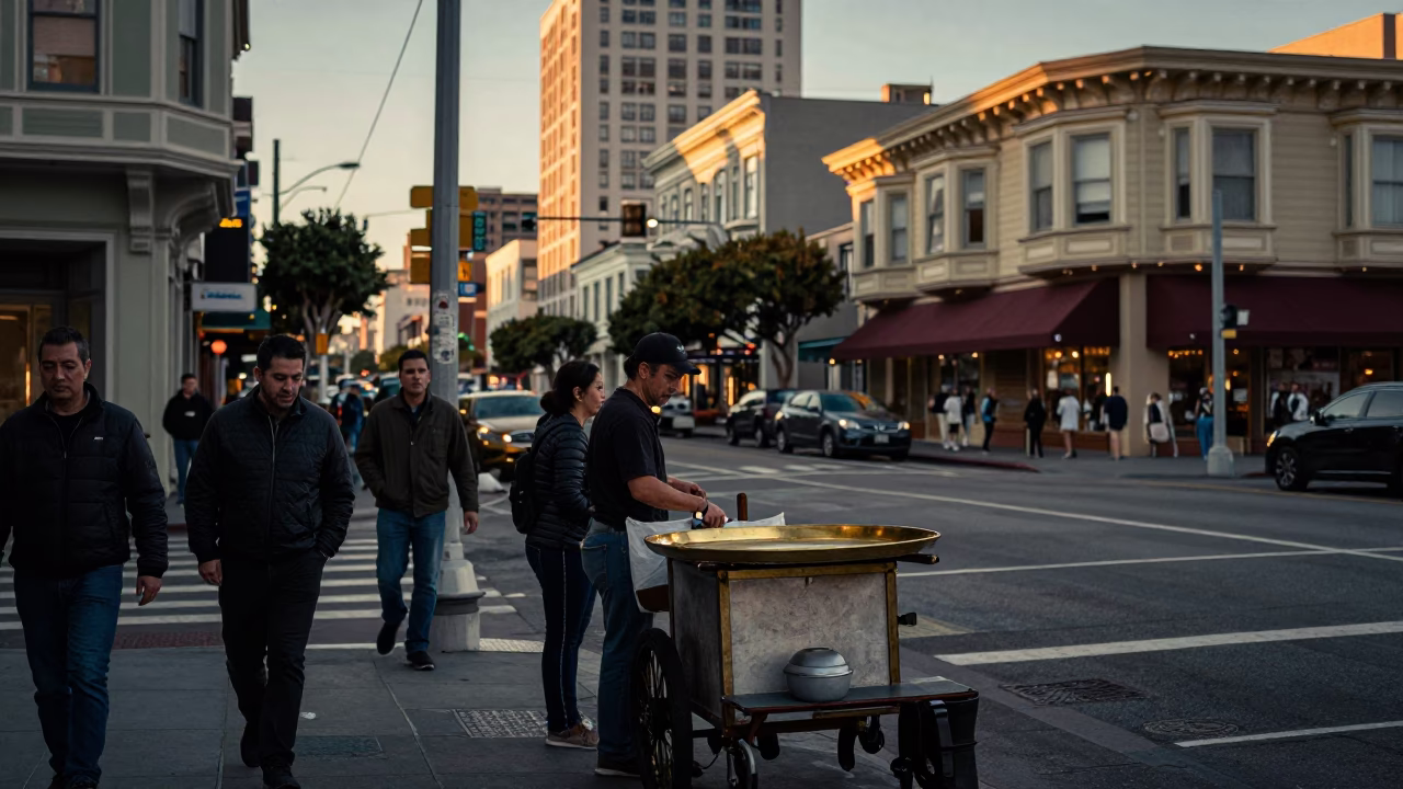 Busy San Francisco Street Scene in Early Evening with Vintage Brass Tray and Crowd in in San Francisco, California, United States