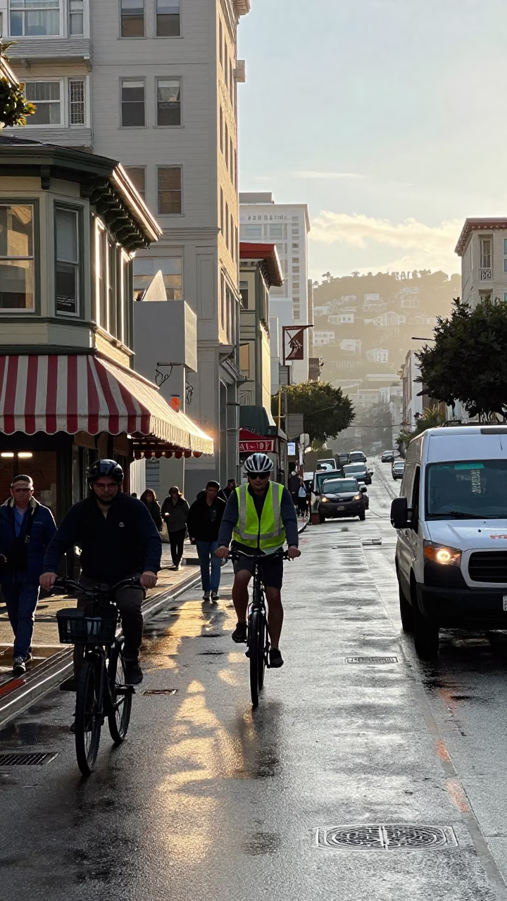 Busy San Francisco Street Scene Just After Sunrise with Commuters and Urban Details in in San Francisco, California, United States
