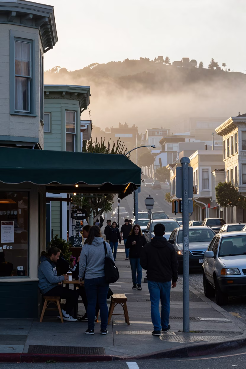 Busy San Francisco Street Scene Just After Sunrise With Local Coffee Shop Activity in in San Francisco, California, United States