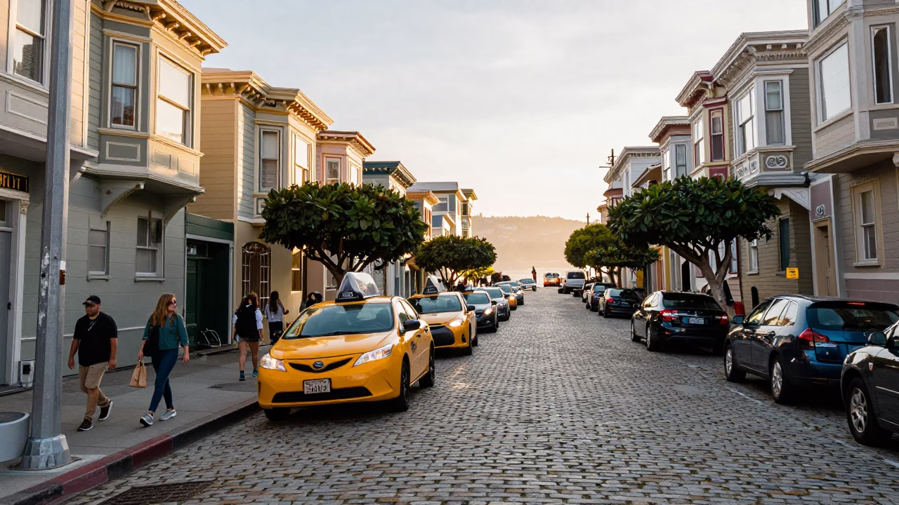 Busy San Francisco Street Scene Just After Sunrise with Yellow Taxi and Pedestrians in in San Francisco, California, United States