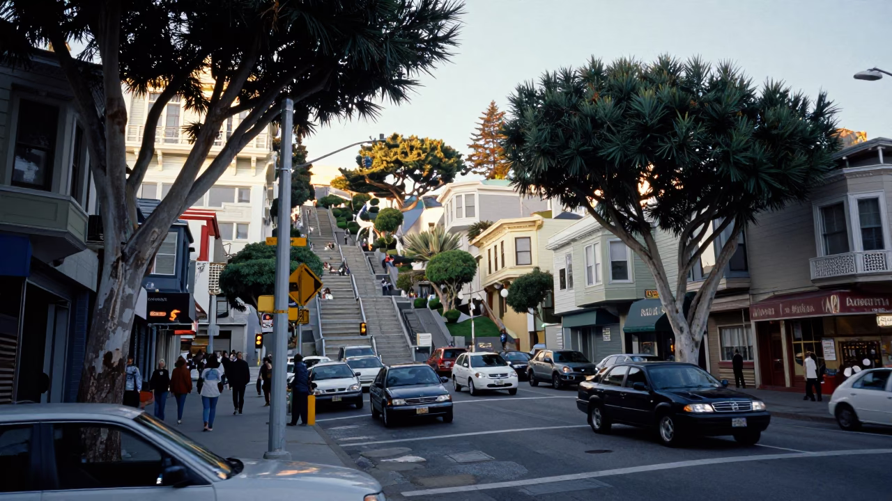 Busy San Francisco Street Scene Late Morning with Eucalyptus and Urban Details in in San Francisco, California, United States
