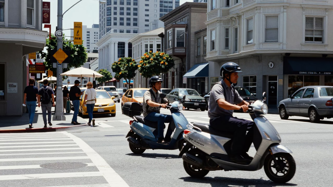 Busy San Francisco Street Scene Under Flat Noon Glare with Scooter and Basket in in San Francisco, California, United States